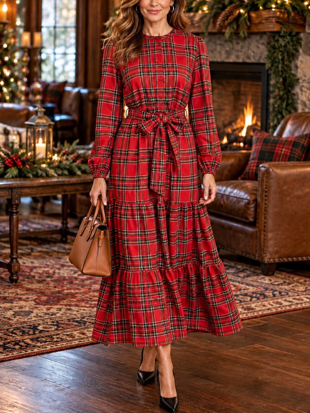Lands’ End Red Tartan Plaid Flannel Tiered Maxi Dress S NWT Christmas